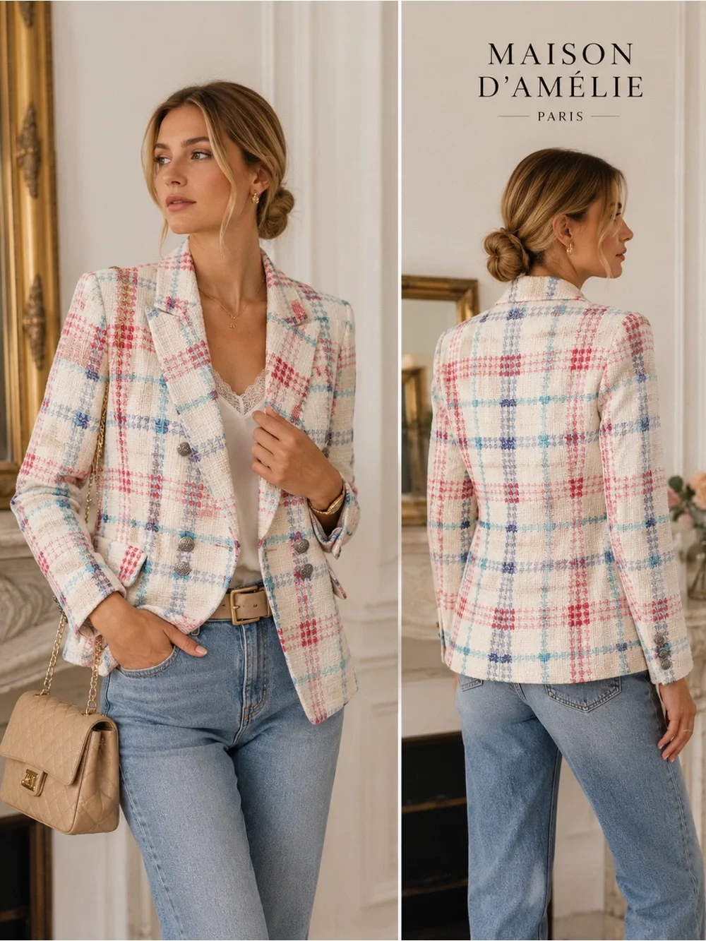 Maison d’Amelie Paris Blazer L Pastel Plaid Tweed Double Breasted Preppy Chic E